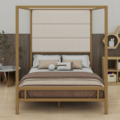 Metal Canopy Bed With Tall Fabric Upholstered Headboard