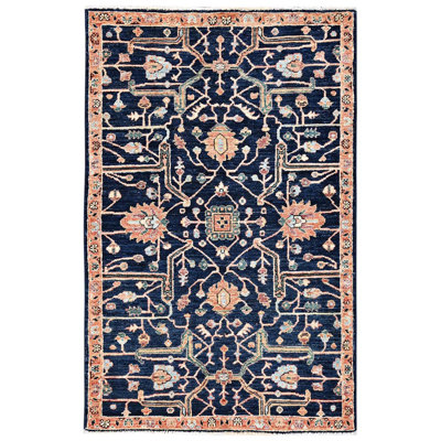Tapis Yale 3 pi 2 po x 5 pi bleu, collection Aryana, motif Heriz antique, teintures végétales, velours doux, laine de haute montagne, noué à la main, tissage dense
