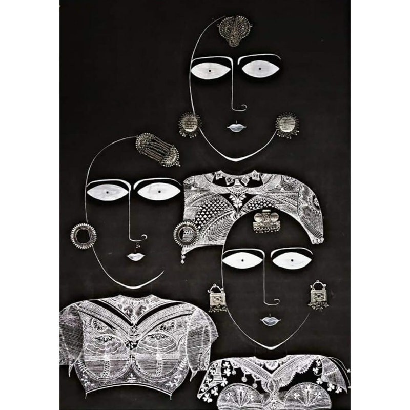 «Beautiful Tribal Brides Pen», art contemporain indien de 36 po x 24 po par Ashish Agarwal