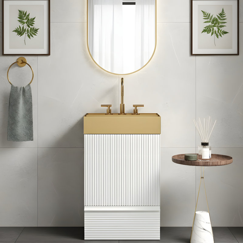 Meuble-lavabo autoportant en métal doré, Doré, Blanc mat