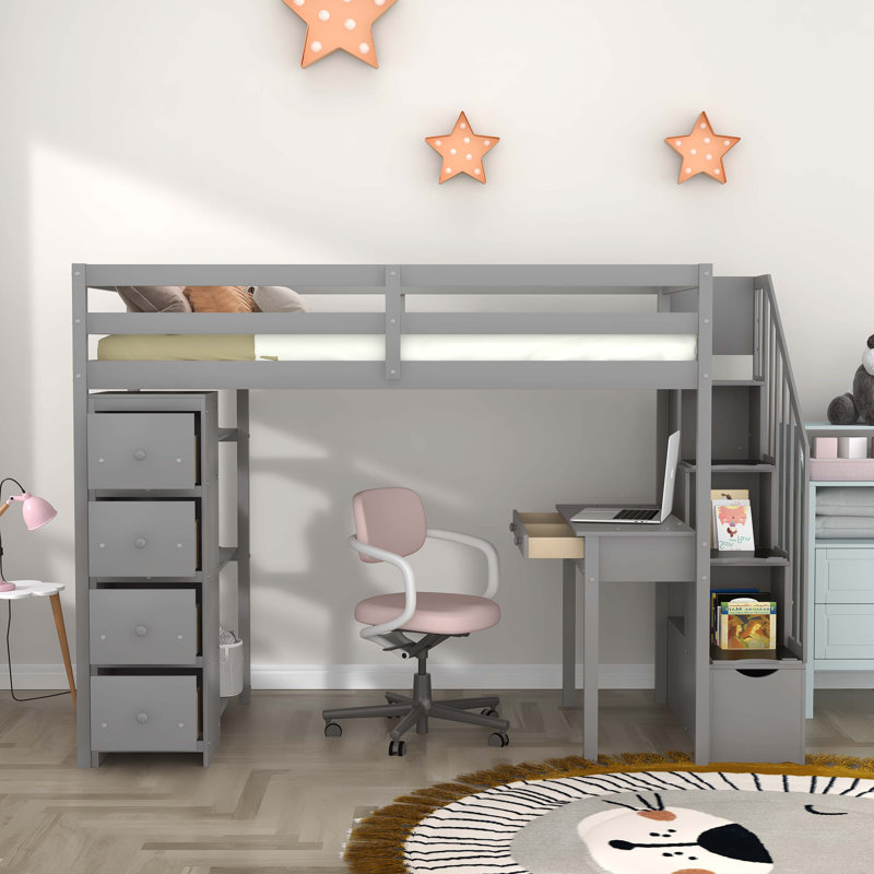 Lit mezzanine simple Putman avec bureau intégré, gris