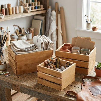 Ensemble de 3 caisses de rangement en bois rustique au fini brun naturel Farmstead