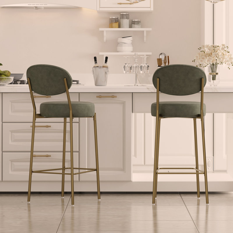 upholstered bar stools: set of 2 faux leather counter chairs with golden legs for modern kitchen dining, Gray