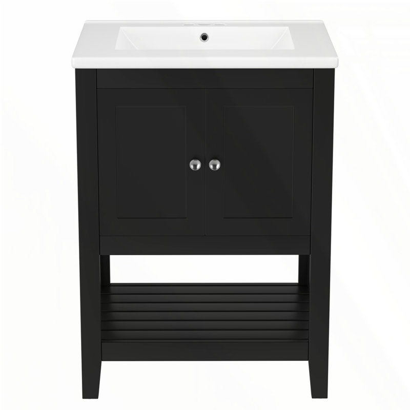 Lavabo de salle de bain moderne en céramique 24 po, Noir, Argent