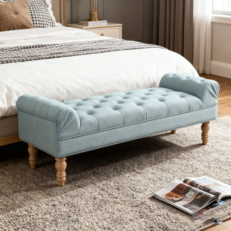 Button-Tufted End of Bed Bench,Large Upholstered Ottoman,Foot Rest with Legs,Footstool with Rolled Arms,Upholstered Fabric Bench,Indoor Bench for Bedroom,Living Room,Entryway