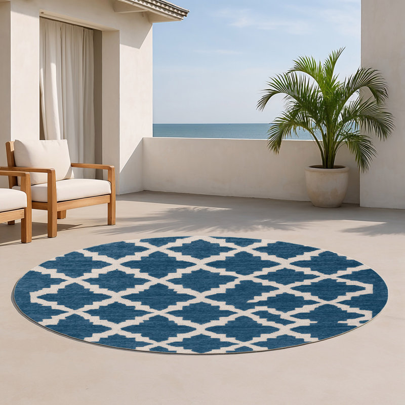 Tapis bleu intérieur et extérieur Trellis, Rond 5 pi