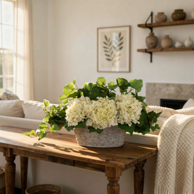 Hydrangeas and Ivy in Decorative Stone Vase