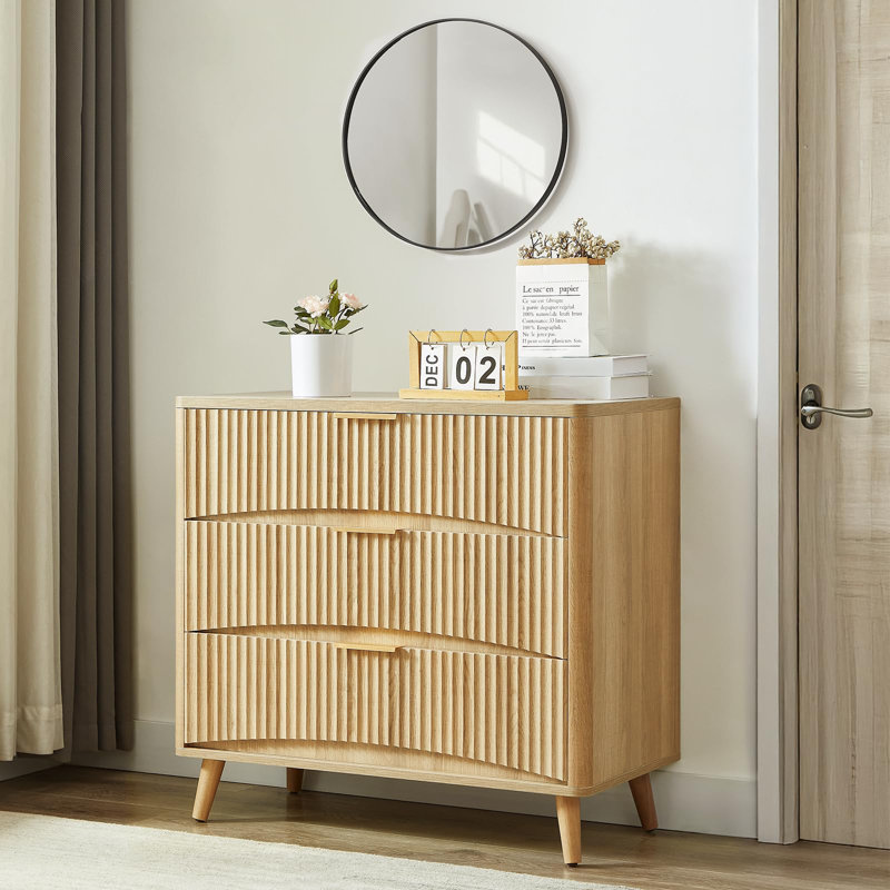 Large Fluted Nightstand Set Of 2,  3 Drawer Night Stand Bedside Table, Mid Century Modern Small Wood Dresser For Bedroom