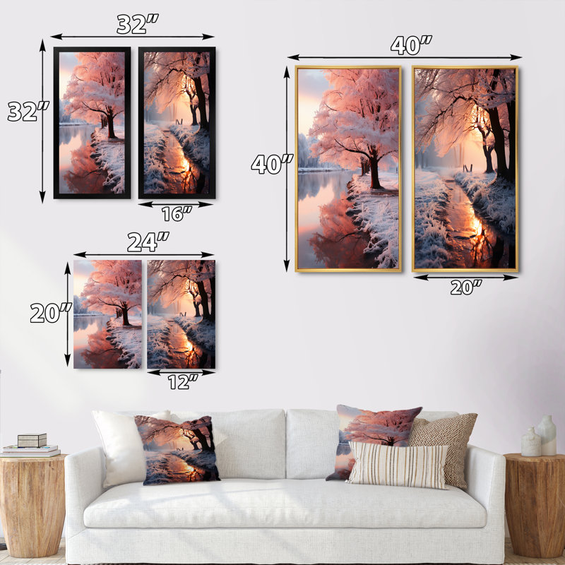 «Winter Peach Tree On Frosty Morning», 2 pièces sur toile, Cadre blanc, H 32 po x l 32 po