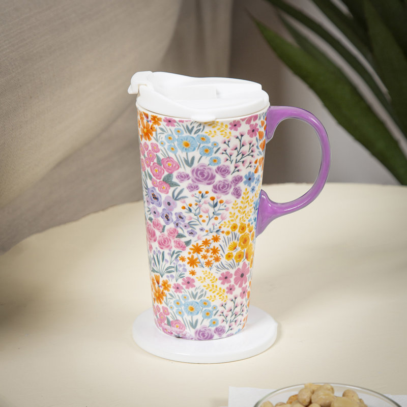 Ceramic Perfect Travel Cup, 17 oz., w/ box, Multicolor Wildflowers