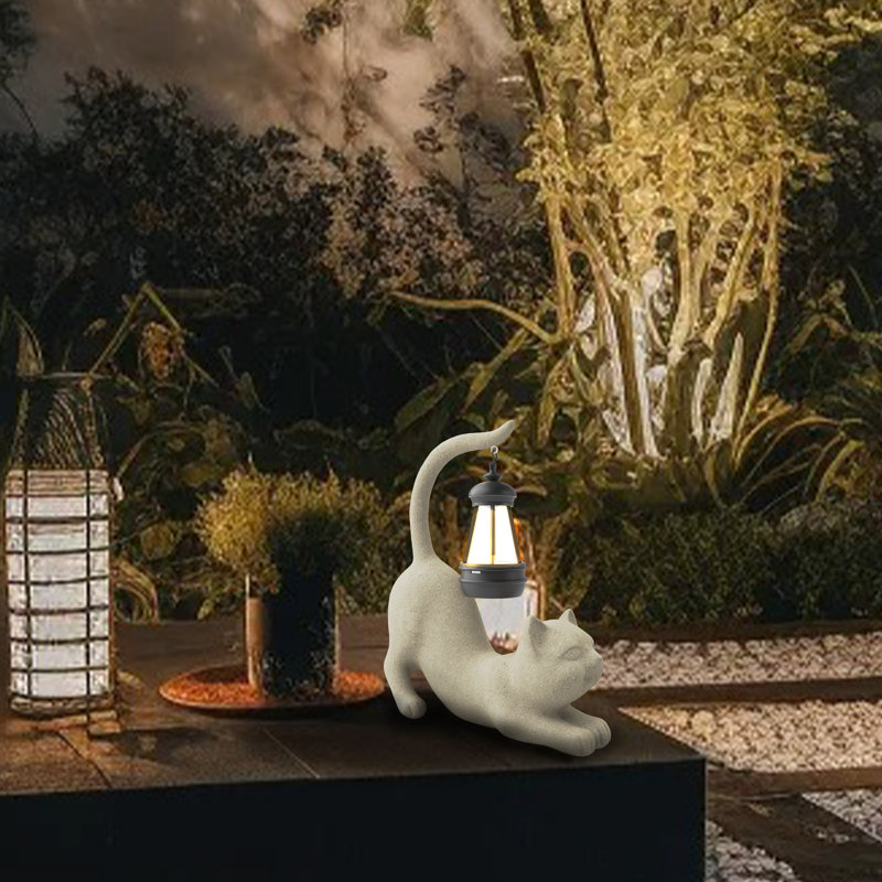 Figorona Solar-Powered Cat Resin Figurine - Garden Decor, Beige