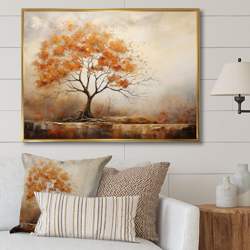 Minimalism Oak Tree Shimmering Autumn I - Floral Canvas Art Print, Cadre flottant doré, H 34 po x l 44 po x P 1,5 po