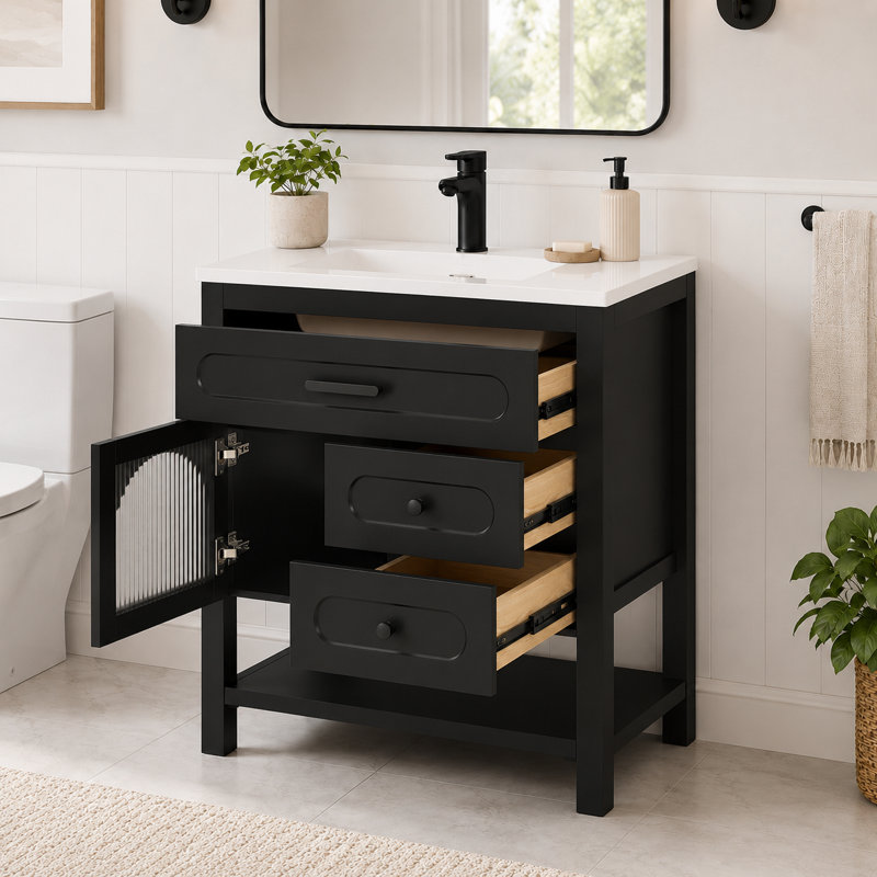 Allensville 30" Freestanding Single Solid Wood Frame Bathroom Vanity with Composite Solid Surface Top