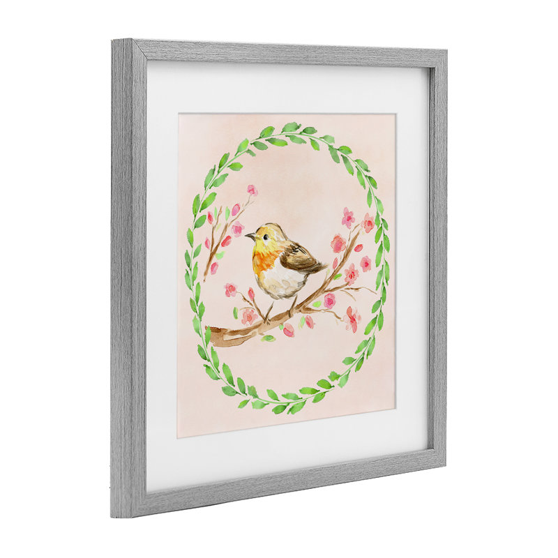 «Spring Wreaths Bird», reproduction sous verre encadrée, design par Elena Fay, H 16 po x l 16 po, Cadre de ferme gris