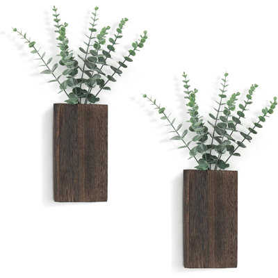Ensemble de 2 vases à fleurs en bois avec eucalyptus artificiel de style maison de campagne à suspendre au mur pour les plantes d'intérieur artificielles, salon, chambre, cuisine, bureau à domicile, décoration