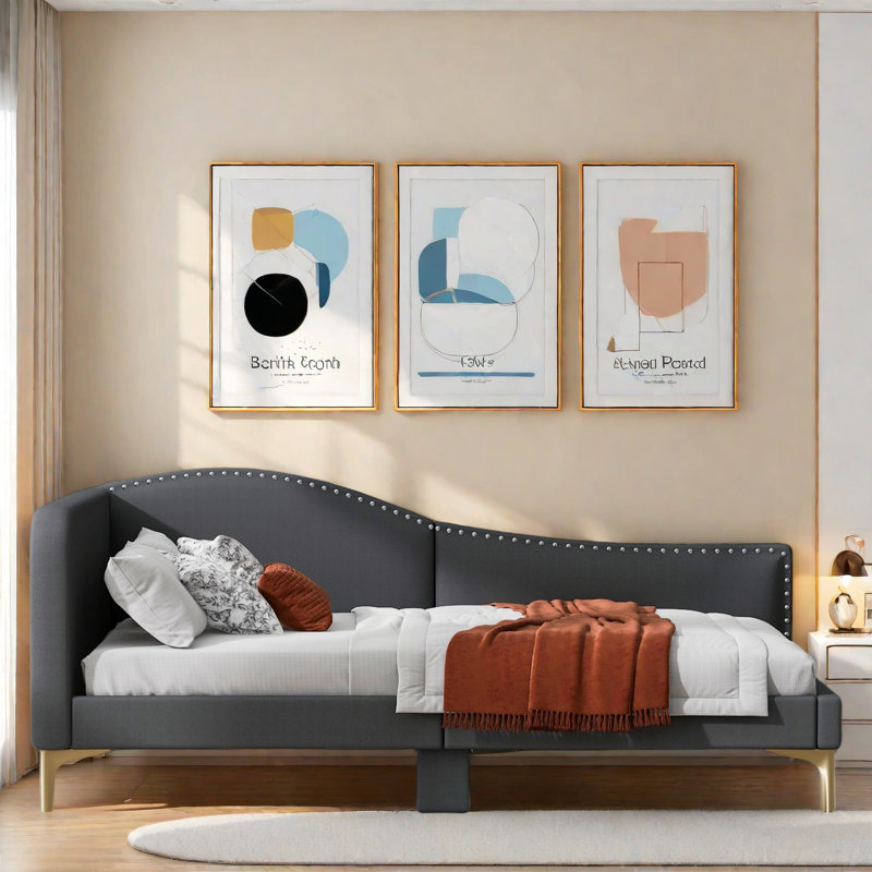 Upholstered Daybed With Headboard And Armrest, Gray, Twin