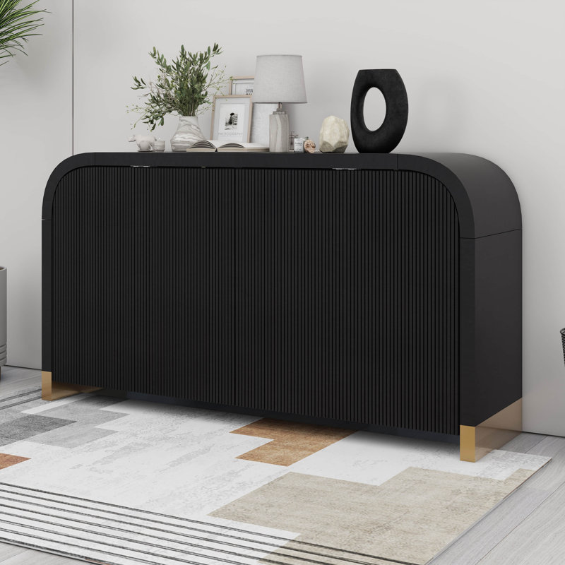 4-Door Curved Corner Modern Storage Cabinet With Wavy Wave-Textured Panels, Adjustable Shelves, Black