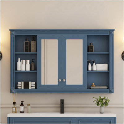 47 Inch Bathroom Mirror Cabinet With Storage, Adjustable Shelf And Open Shelves, Wall Mounted Medicine Cabinet For Bathroom, Bedroom, Vanity