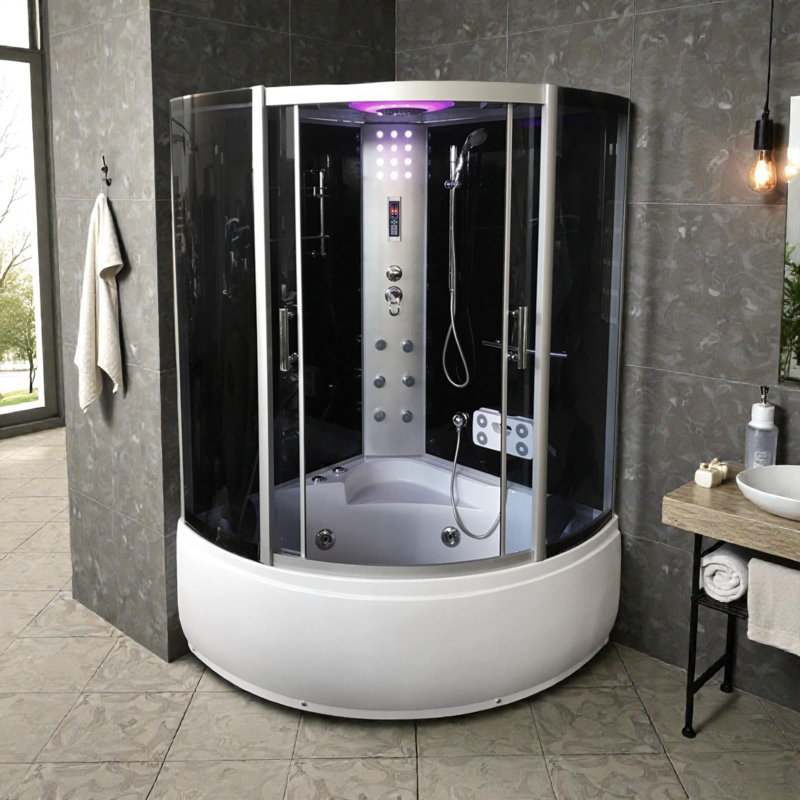 MILAN 51" x 51" Corner Whirlpool Shower Tub Combo with Dual Pump, Heater, Chromotherapy & Tempered Glass Enclosure