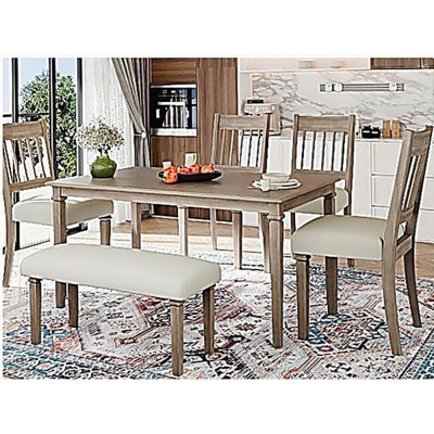 Ensemble de salle à manger rétro 6 pièces, ensemble de meubles de cuisine classique, table rectangulaire en bois et 4 chaises avec banc pour la cuisine et la salle à manger, assemblage facile, économie d'espace (Brun)