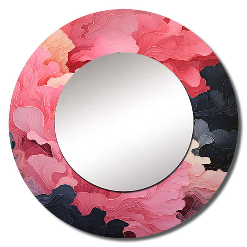 «Rodge Minimalisme Pink Poteries» - miroir décoratif à spirales abstraites, miroir mural rond moderne, impression d'art en métal