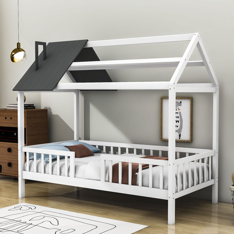 Molen Twin Size Wooden House Bed, White/Gray
