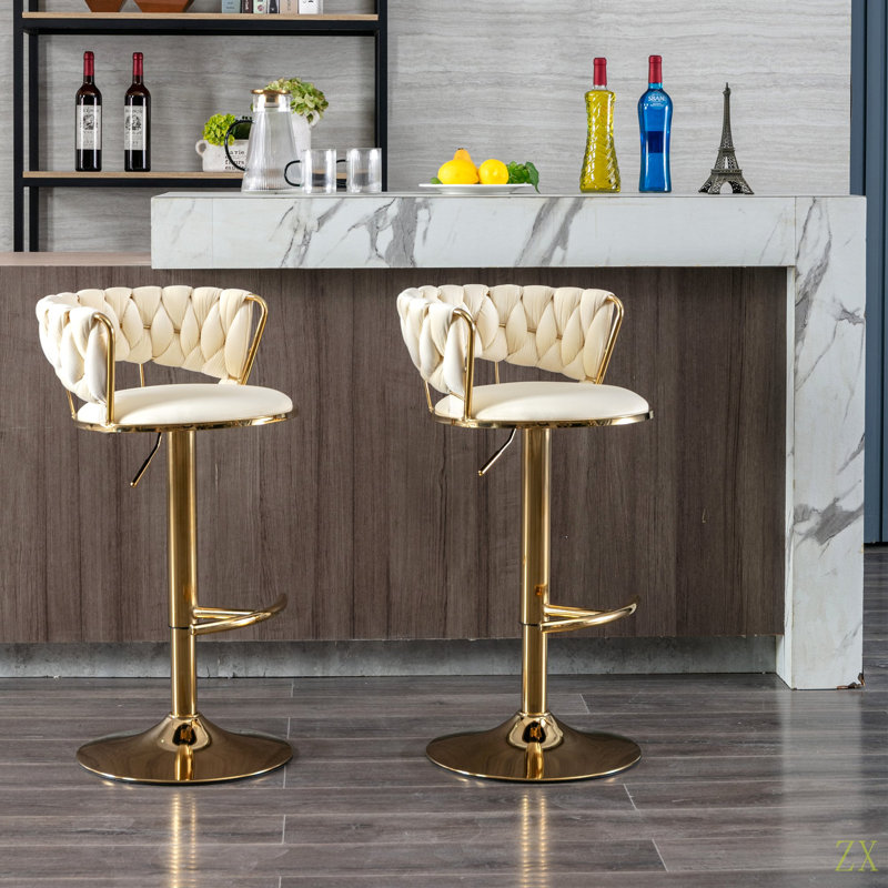 Ensemble de 2 tabourets de bar avec repose-pieds chromé et base pivotante à hauteur réglable en velours, Beige