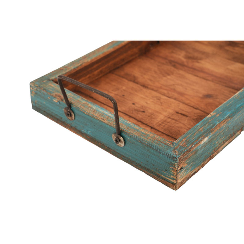 Plateau de service en bois massif naturel et turquoise 21 po avec poignées