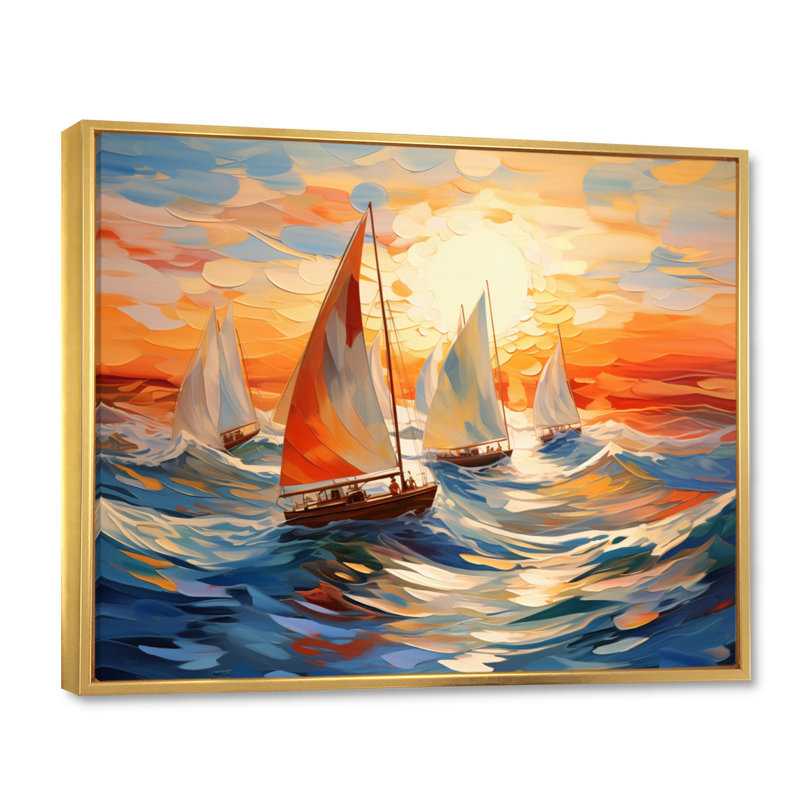 Voilier tourbillonnant, vagues sur toile, H 24 po x l 32 po x P 1 po, Cadre flottant doré