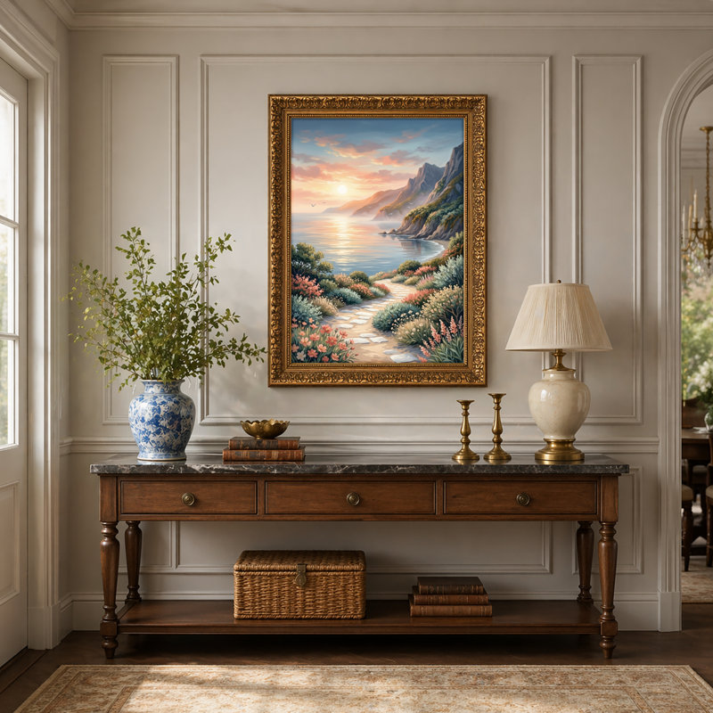 Art mural en toile noyer doré encadré pour le salon, la chambre à coucher, le bureau ou le vestibule - décoration murale décorative avec coucher de soleil sur la montagne