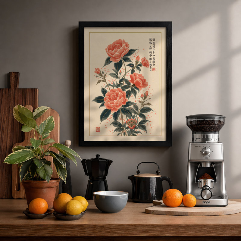 Coral Peonies Japandi - Print, Black, A4 - 29.7 x 21.0 cm