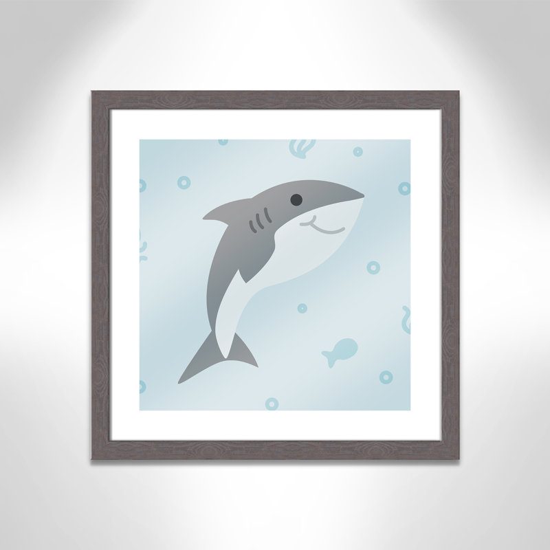 «Happy Shark», impression sur papier, H 8 po x l 8 po x P 0,6 po, Encadré plat à grain de bois gris
