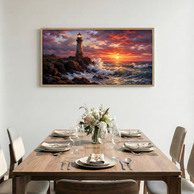 Phare au coucher du soleil, reproduction d'art sur toile encadrée, ensemble de 1 x 58 x 28 pouces