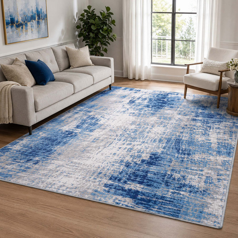 Tapis abstrait lavable bleu-gris de 152 x 213 cm avec envers antidérapant