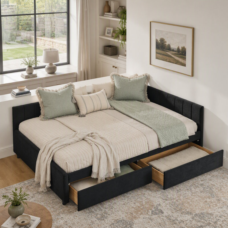 Velvet Upholstered Tufted 3-in-1 Sofa Bed & Daybed - 2 Storage Drawers, Ergonomic Backrest/Armrests, 300lbs Capacity for Living Room/Bedroom/Office