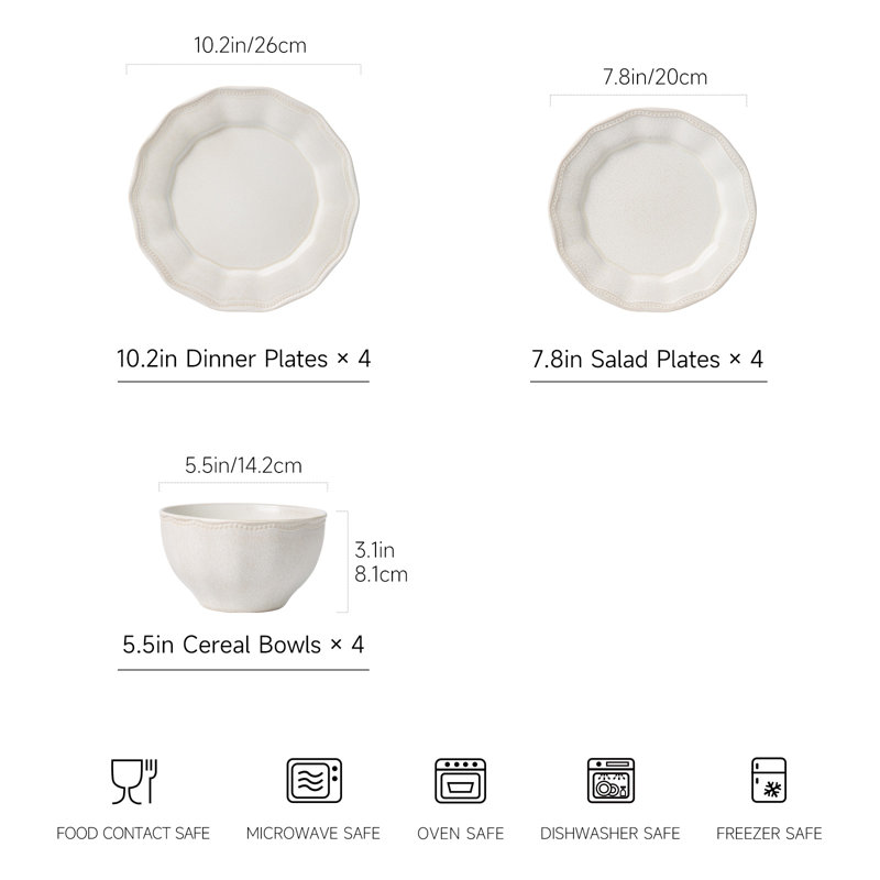 Service de table 12 pièces en céramique blanc cassé mat pour 4 personnes