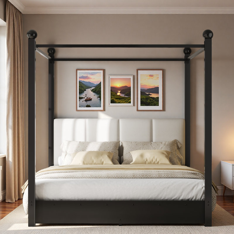 Lit plateforme à baldaquin avec tête de lit tapissier et structure en métal, King, Black