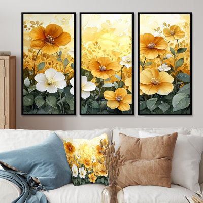 Été lueur dorée d'hibiscus II - art mural d'hibiscus pour le salon - ensemble de 3