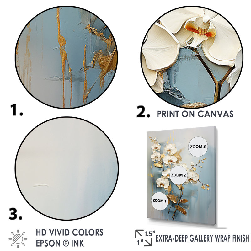 Orchidées beiges et dorées sur toile, Cadre simple noir, H 40 po x l 30 po x P 1,5 po