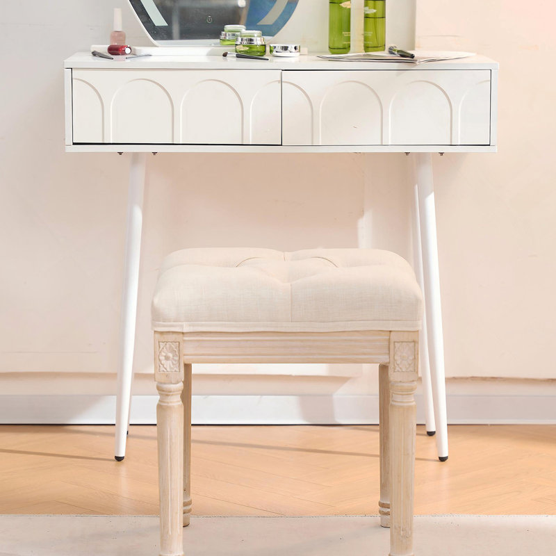 Banc de style français, banc de hall d'entrée en tissu de lin, banc de lit capitonné avec des pieds en bois brossé, beige