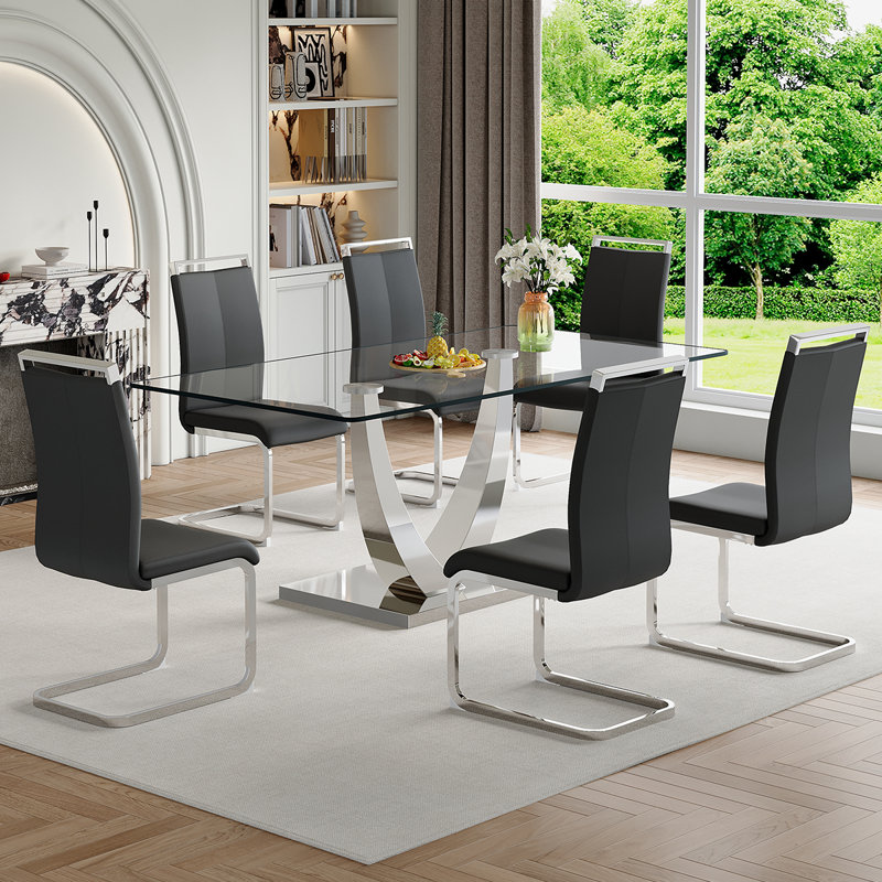 Glass Dining Table Set, Black, 7