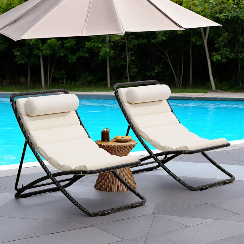 Chaise pliante d'extérieur 2 pièces avec coussin épais et appui-tête amovible, Black