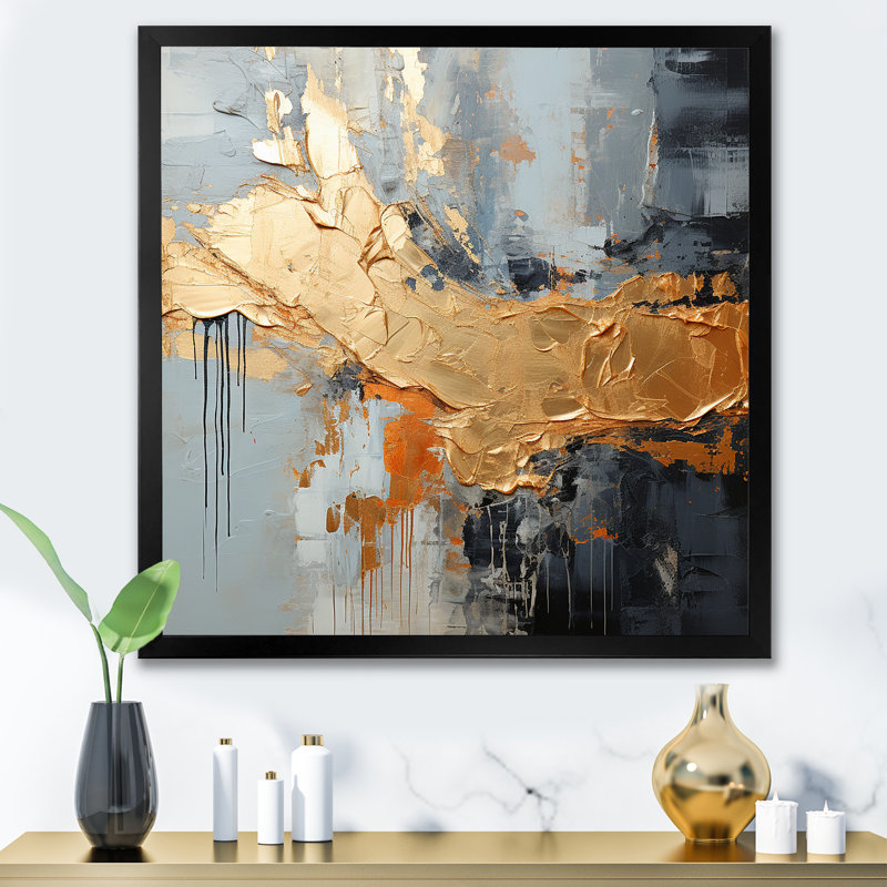 Or et gris, formes liquides modernes IV - décoration murale abstraite, Cadre simple noir, H 30 po x l 30 po x P 1,5 po