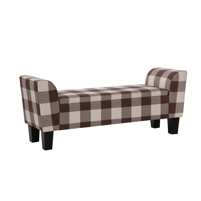 Banc de rangement tapissier avec accoudoirs Claire, Lin brun / brun clair à carreaux Buffalo
