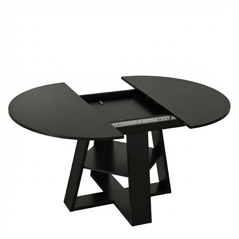 Table de salle à manger extensible avec piètement en croix et tablette de rangement, Noir