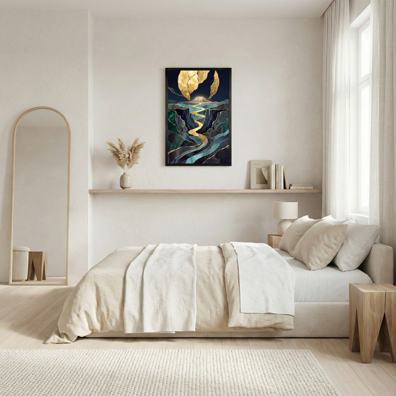 «Teal and Gold Abstract Mountain River», art mural sur toile, 30"H x 20"W