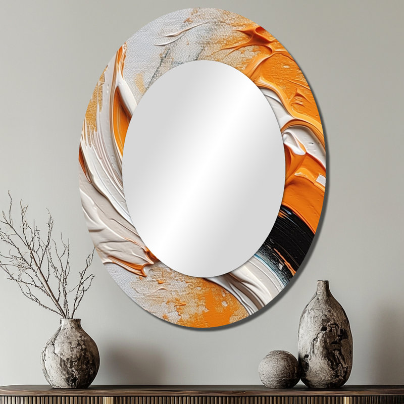 Orange et noir Mystic Spirals IV - Grand miroir mural ovale sur métal, 40 po x 30 po