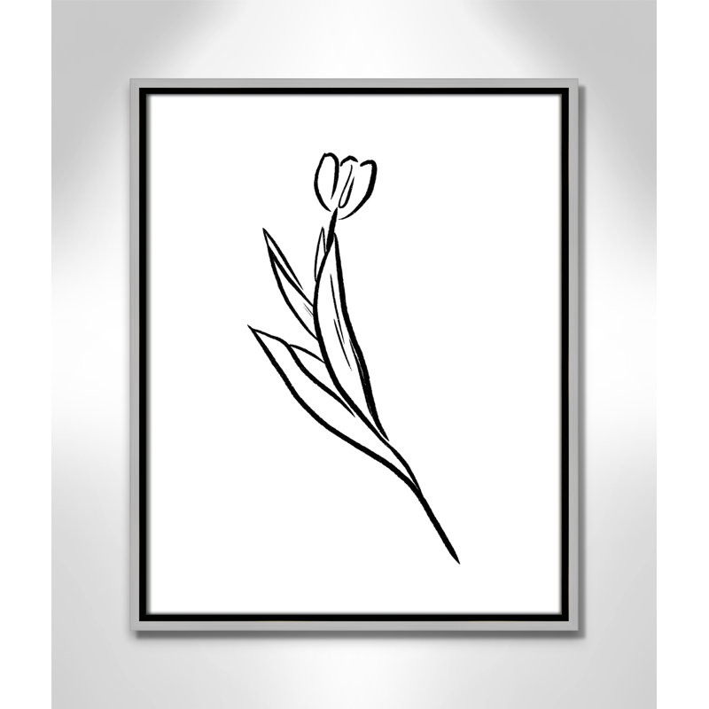 Fleurs simples 1 - reproduction de dessin, Toile avec cadre argenté, H 21,5 po x l 17,5 po x P 2 po