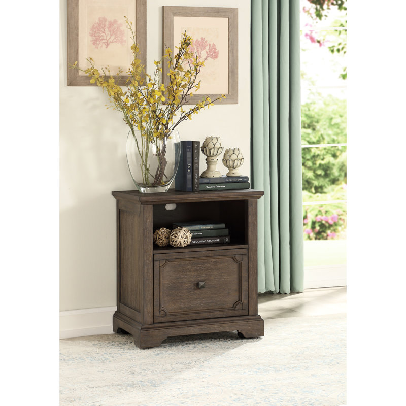 Classeur de bureau avec finition en chêne foncé, glissières de roulement dans le tiroir, rangement et rangement pour documents de style rustique de style transitionnel 1pc avec tablette, découpes de gestion des fils faciles