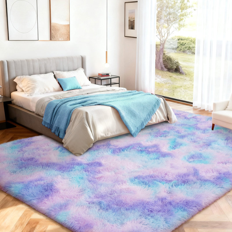 Shag Area Rugs for Living Room, 8x10 ft Soft Fluffy Rugs for Bedroom, Nursery, Kids Room Home Decor, Tie-Dyed Blue Rainbow